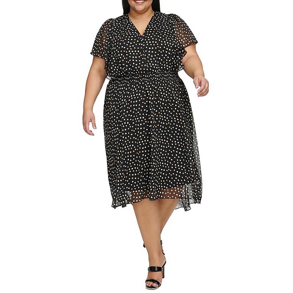 NEW DKNY Chiffon Midi Dress Hi-Low Flutter sleeve Black Polka dot‎